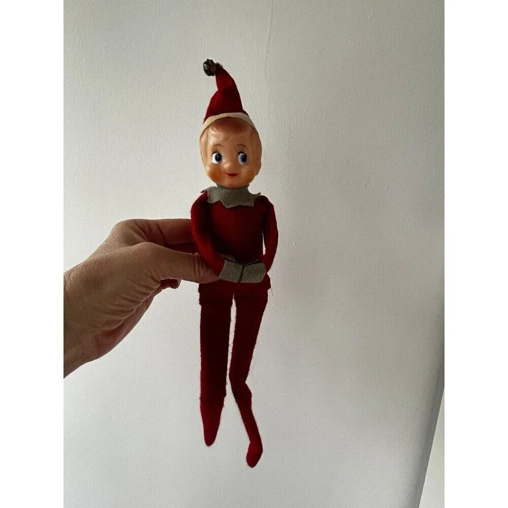 Vintage Pixie Elf Knee Hugger Felt Red Jingle Bell Shelf Sitter Retro Holidays